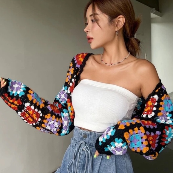 NEW Darling Boho Crochet Multi Color Crop Shrug Cardigan - Picture 6 of 6